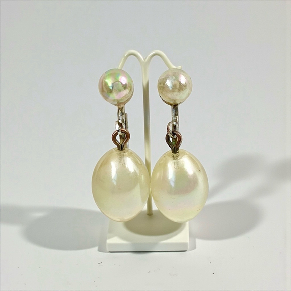 Vintage Jewelry - Antique Rainbow Iridescent Bubble Glass Sterling Drop Earrings. Screwback.